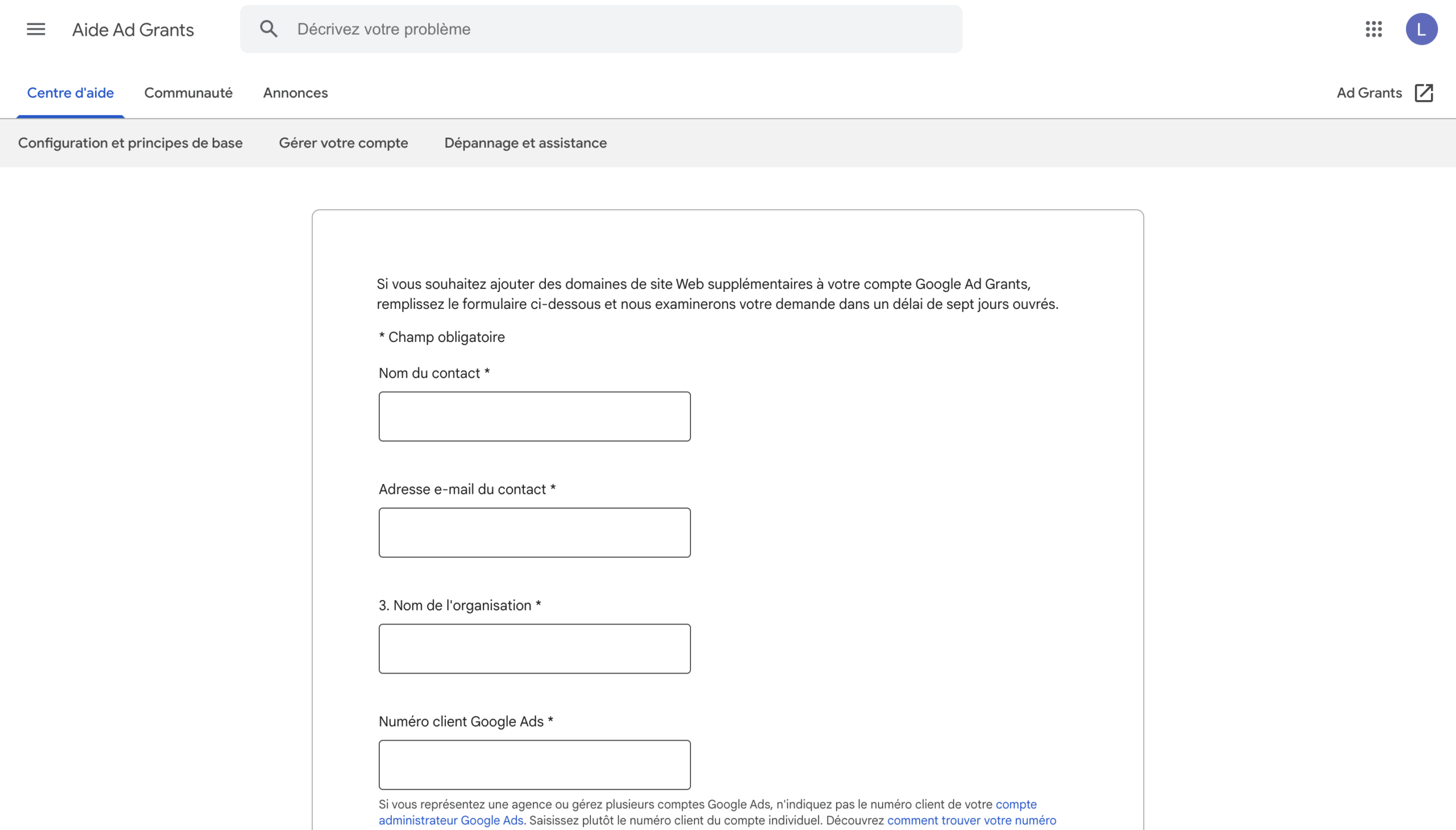 formulaire pour ajout de nom de domaine